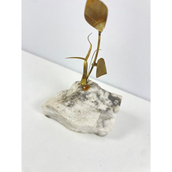 Vtg Metal Brass or Bronze Rose Brutalist Sculpture Mounted on Stone Base 9" - Picture 3 of 5